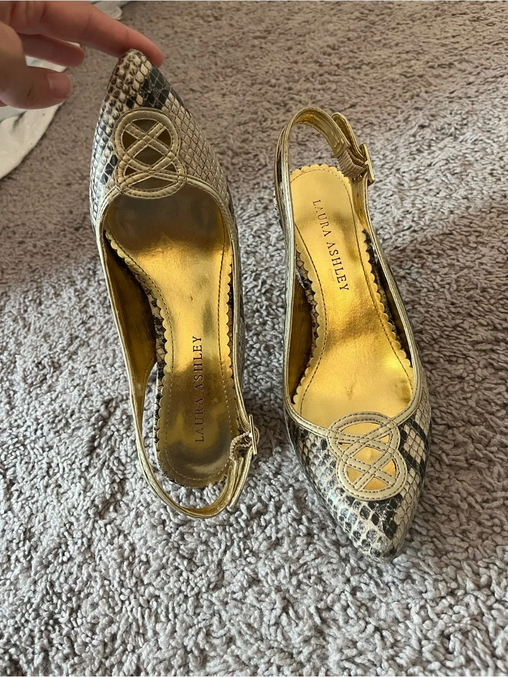Laura Ashley Metallic Gold Snake-Print Slingback Heels